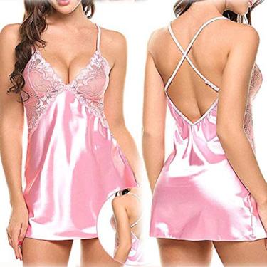 Imagem de 3FLQOOPP Conjunto de roupão feminino exótico pijama feminino cetim seda renda roupa íntima sexy (rosa médio)