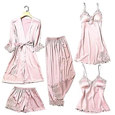 Imagem de HHHJQFAAT Conjunto de pijama feminino de renda de cetim 5 peças com alça top calça roupa de dormir primavera outono pijama roupa de dormir roupa de dormir vestido M-XXL-3_GG