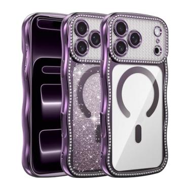 Imagem de UCASONG Capa magnética transparente para iPhone 17 Pro Max de 6,9 polegadas com cartão de glitter gradiente, linda moldura ondulada encaracolada com strass brilhante, compatível com MagSafe, capa de