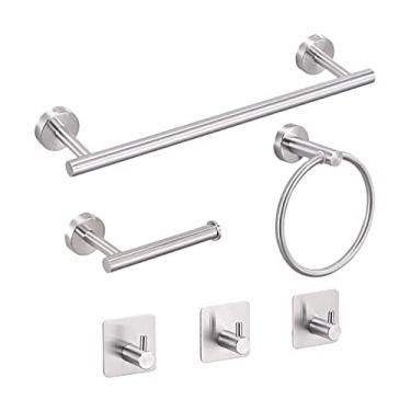 Imagem de Kit de Hardware para Banheiro 6 Peças Anel Toalha Porta- Papel Higiênico 3 Ganchos Aço Inoxidável Montado na Parede Resistente Econômico Espaço Fácil Instalar Bordas Lisas High