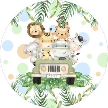 Imagem de Painel de Lona Redondo Safari Animais Bolinhas Coloridas Folhas Aquare