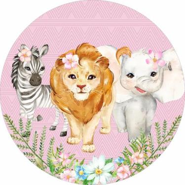 Imagem de Painel em Lona Redondo Animais Safari e flores aquarela geométrico - F