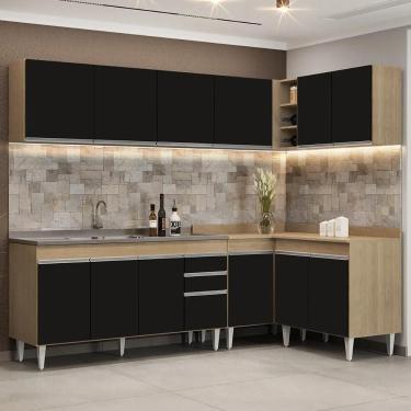 Imagem de Armário De Cozinha Modulado De Canto 6 Peças Cp33 Com Pia Inox Castanho/preto - Lumil