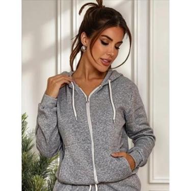 Imagem de Blusa de frio feminina basica moletom com ziper e capuz lisa sem estampa-Feminino