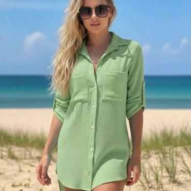 Imagem de Saída de Praia Feminina Tipo Camisa Manga 3/4 com Botões  Moda Verão -