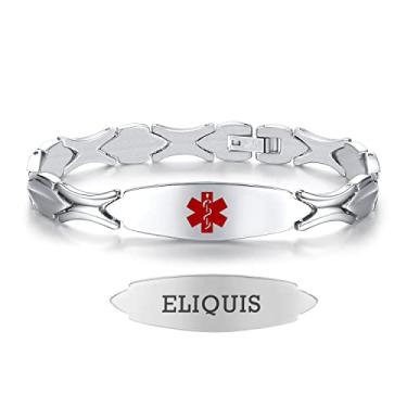 Imagem de LinnaLove Alerta médico pré-gravação – pulseira de identificação médica moderna de aço inoxidável para mulheres (7,5), metal, Sem pedras preciosas