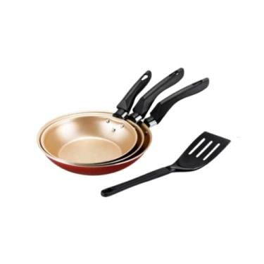 Imagem de Conjunto 3 Frigideiras Francesa AntiAderente 16cm 18cm 20cm com Espátula Cereja com Dourado Não Gruda Kit Jogo Topázio