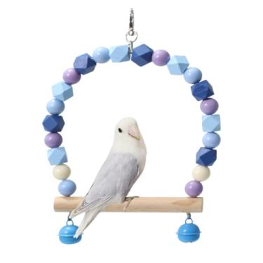 Imagem de Balanço de pássaro de madeira para calopsitas, papagaio, brinquedos pendurados, periquitos, suportes de gaiola, playground, acessórios de ginástica, brinquedo de escalada de sino de contas coloridas para periquitos, conures e periquitos (azul escuro)