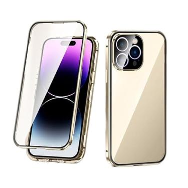 Imagem de KOMISS Capa para iPhone 14Pro Max/14 Pro/14 Plus/14, moldura magnética de metal dupla face, vidro temperado transparente à prova de choque com capa de proteção para câmera fina, dourada, 14 Pro 6,1