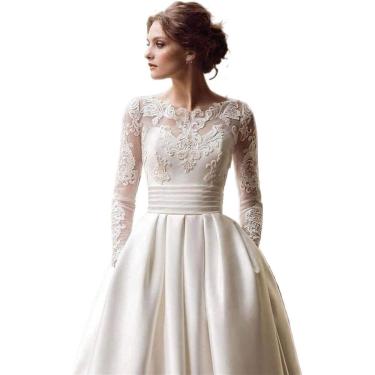 Imagem de Vestido de casamento de manga comprida, vestido de noiva de cetim com trem branco/marfim, apliques de renda, branco, plus48