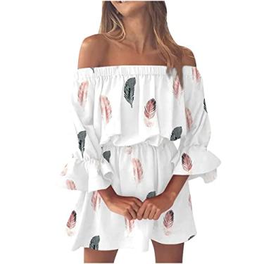 Imagem de Generic Vestido de praia feminino comprimento 3/4 manga bufante vestido de ombro vazado para mulheres chiffon floral midi vestido plissado havaiano, H-331 Branco, P