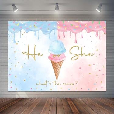 Imagem de Joliaco Pano de fundo de sorvete revelador de gênero de verão para ele ou ela fundo fotográfico de sorvete, pontos dourados, qual é a colher de gênero revelar bolo mesa banner decoração (2,1 x 1,5 m)
