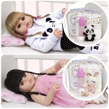 Imagem de Bebe Reborn Gêmeas Pandinha Coelhinha 27 Acessórios Enxoval - Cegonha 
