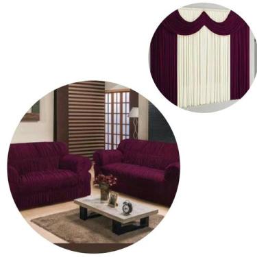Imagem de Kit Capa De Sofá 2 E 3 Lugares + Cortina Paris 2,00m x 1,70m Vinho - E