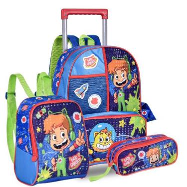 Imagem de Kit Mochila Rodas Lancheira Estojo Duplo Gato Galactico - Clio Style, 
