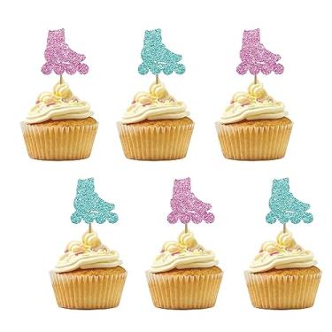 Imagem de Conjunto de 24 topos de cupcake de patins para aniversário de meninos e meninas, azul e rosa com glitter, placa de skate para cupcake, decorações de bolo para artigos de festa de patinação hip hop
