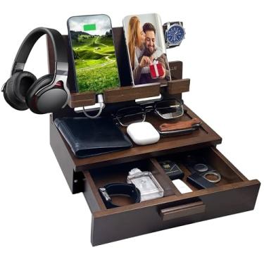 Imagem de VEIYAILU Presentes para homens, mulheres, ele, marido, filho, namorado, aniversário, mesa de cabeceira, organizador de madeira para telefone, docking station, presentes de aniversário (nogueira