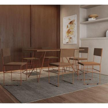 Imagem de Mesa Jantar Retangular Industrial Trama 1,50x0,90m Amêndoa 6 Cadeiras Estofadas Marrom E Cobre Vitór Marrom