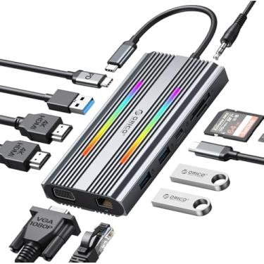 Imagem de Estação de ancoragem USB C para adaptador HDMI duplo, hub ORICO 12 em 1 RGB USB C com HDMI duplo, VGA, 100W PD, Ethernet, 4 portas USB, SD/TF, áudio, 14 modos de iluminação RGB, compatível com