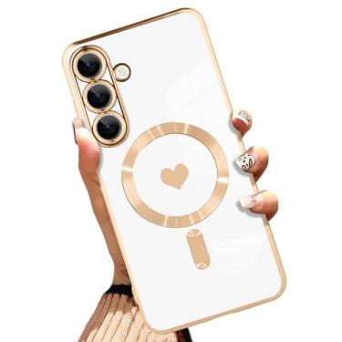 Imagem de AIGOMARA Capa magnética feita para Plus [compatível com carregamento sem fio] Design de coração TPU macio galvanizado capa fina antiarranhões à prova de choque para mulheres - branca