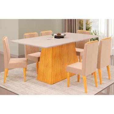 Imagem de Cozinha Completa Dulce Tampo Madeirado Com Vidro Reto 180x90cm E 6 Cadeiras Lia Cedro Off White Suede Kraft