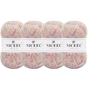 Imagem de NICEEC 4 novelos de fio de ar fofo para crochê, macio e colorido, mistura de lã e acrílico, fio penteado leve 3 DK para tricô, fio de lã de tweed de qualidade (total de 199 g/600 jardas) - doce
