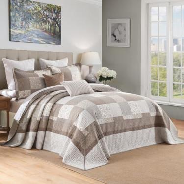 Imagem de CozyStitch Colcha xadrez tamanho king grande 304,8 cm x 304,8 cm, 100% algodão, colcha California King com 2 fronhas, conjunto de colcha leve acolchoada para fazenda, cinza/bege/marrom, 3 peças