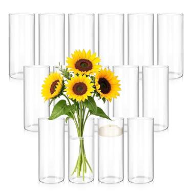 Imagem de 15 peças de vaso cilíndrico de vidro para centros de mesa, vasos de flores de vidro de 30,5 cm de altura, moderno, transparente, furacão, vaso floral, grande volume para prateleira de mesa, festa