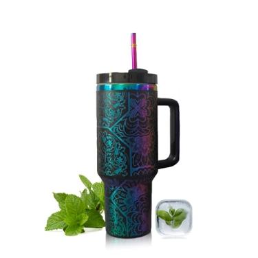 Imagem de Copo de aço inoxidável 304 1,1 g copo isolado para carro colorido acabamento a laser banhado a íon mantém as bebidas frias por 12 horas e quentes por 6 horas palha de aço inoxidável interior de aço