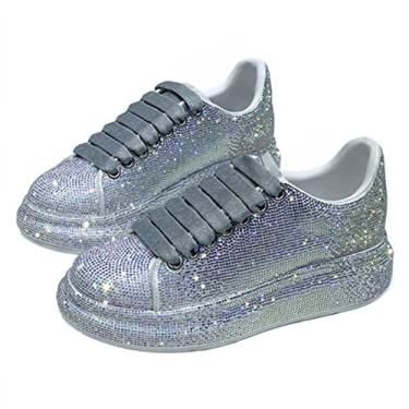 Imagem de Julymens Tênis esportivo feminino casual com cadarço e strass com glitter, Prata até o tornozelo, 39
