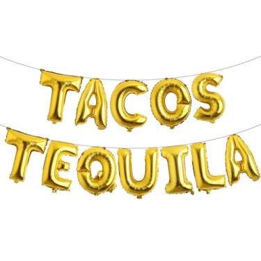 Imagem de Balão de tacos e tequila, faixa de taco multicolorida para festa de taco mexicana/terças-feiras de tacos/festa de tequila/festa/decorações de aniversário (TACOS TEQUILA dourado)