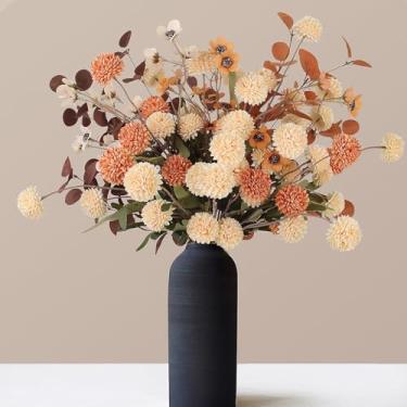Imagem de LELEE Flores artificiais para mães de pompom de seda sintética, 14 unidades de mini crisântemos de flor de laranja com hastes para buquês de bricolage, centros de mesa de casamento, arranjos de