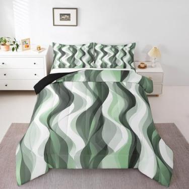 Imagem de Erosebridal Jogo de cama solteiro abstrato moderno verde floresta, geométrico, listrado, graffiti, geométrico, geométrico, linhas de aquarela, inserção, edredom de arte de meados do século, verde