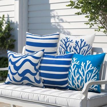 Imagem de DecorX Pacote com 5 capas de almofada costeiras para ambientes externos 45,7 x 45,7 cm – Impermeável, com proteção UV, resistente ao desbotamento com zíper oculto, designs náuticos azuis e brancos