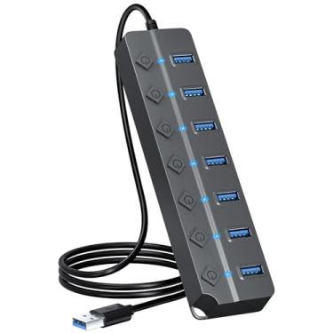Imagem de ONFINIO Hub USB 3.0, divisor de hub USB de 7 portas com interruptores e luzes individuais, cabo de 1 m de comprimento compatível com MacBook, laptop, Surface Pro, PS4, PC, pen drive, HDD móvel, cinza