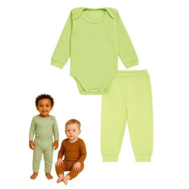 Imagem de Kit 2 peças Roupa Bebê Body Mijão Calça Básico Liso Canelado punhos fe