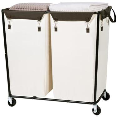 Imagem de STORAGEIDEAS Organizador de cesto de roupa 390L com rodas, cesto de roupa extra grande, carrinho de rodinhas resistente com sacos removíveis, carrinho de lavanderia para hotel e casa, bege, 2 seções