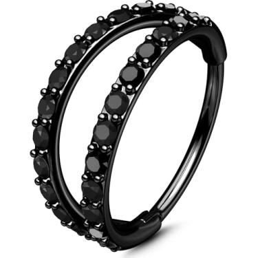 Imagem de OUFER Anéis de nariz pretos, anéis de nariz de aço cirúrgico 316L 20G de argola dupla para mulheres, segmento articulado clicker hélice cartilagem concha torre tragus piercing joia-6 mm