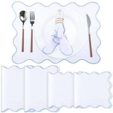 Imagem de Jogo americano e guardanapo de linho de algodão conjunto de 4 100% linho puro bordado ondulado ondulado 33 x 48 centímetros guardanapos de pano 50 x 50 centímetros laváveis em camadas para restaurante