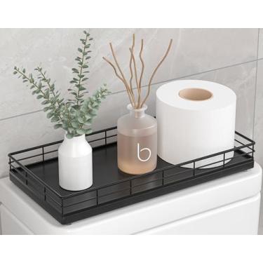 Imagem de Organizador de cesta de papel higiênico – Bandeja de vaso sanitário de madeira de carvalho com estrutura de metal, parte traseira do tanque ou balcão de banheiro superior – decoração moderna preta