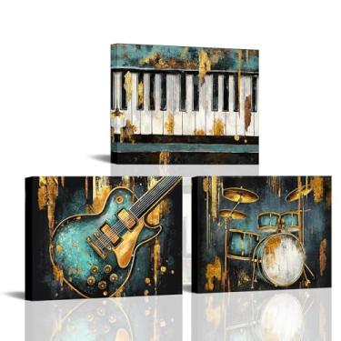 Imagem de Vefacaiyo Arte de parede em tela de guitarra pôsteres de música de guitarra dourada decoração de parede para estúdio de música sala de estar emoldurado pronto para pendurar 12 x 16 polegadas x 3 (azul