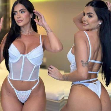 Imagem de Lingerie Cropped Tule Calcinha Fio Com Regulagem Sensual Sexy Transpar