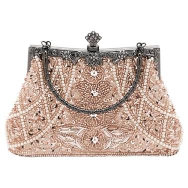 Imagem de DODAMOUR Bolsa bordada com pérolas e lantejoulas, bolsa de mão estilo vintage com alça em relevo e alça de corrente, bolsa noturna feita à mão para casamentos, galas ou eventos formais (bege)