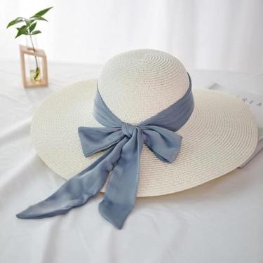 Imagem de Chapéu De Sol Chapéu De Palha Moda Feminina Chapéus De Sol Chapéu De Palha Fita Feminina Nó De Laço De Aba Larga Chapéu De Praia Casual Shade Cap, Milk white, 6 7/8-7 1/8