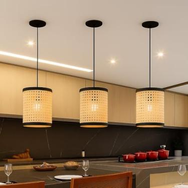 Imagem de Kit 3 Pendentes Tela Sintética Modernos Para Cozinha E Sala (Palha Sintetico com Preto)