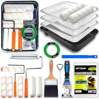 Imagem de Kit de rolo de pintura King Origin de 20 peças, capas de rolo de pintura 23 cm e 15 cm, pincel, forros de bandeja de pintura e acessórios | Materiais de pintura interior para paredes e teto | Kit de