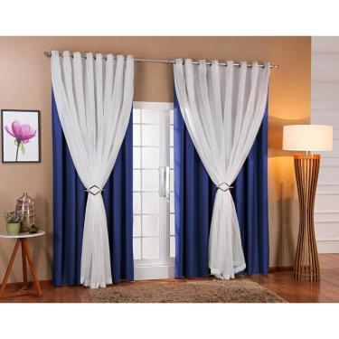Imagem de Cortina Voil Forro Blackout Tecido 4,00X2,20 Azul/Branco