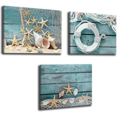 Imagem de Biuteawal - Arte de parede em tela de 3 peças, concha de estrela-do-mar em quadro azul-petróleo, impressões, praia, natureza, imagem, tela, arte, arte, para casa, cozinha, banheiro, sala de estar,