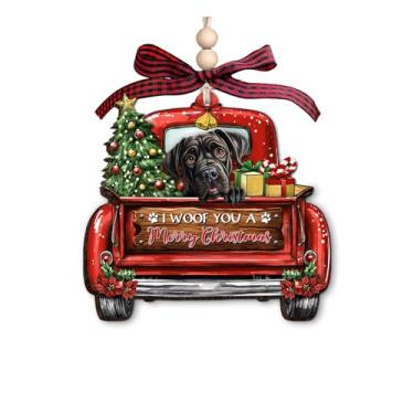 Imagem de Cane Corso Enfeite de Natal de madeira - Decoração de Natal de caminhão vermelho com presentes de árvore de Natal e citação "I Woof You A Merry Christmas" - Enfeite rústico de Natal para amantes de