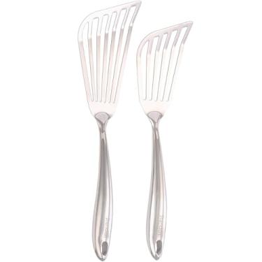 Imagem de Conjunto de espátulas de peixe de aço inoxidável 18/10 – 2 peças de espátula de peixe totalmente de metal, conjunto de espátulas com fenda brilhante para uso na cozinha, polido por espelho, resistente